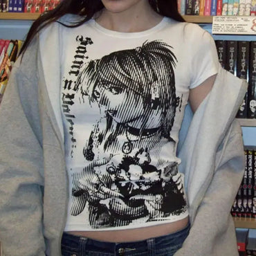 Y2k anime Streetwear O-neck 90s Text Printing Tops Women Harajuku Clothes Simple Vintage Crop Tee Aesthetic emo Casual T-shirt Quick Pick Grocers