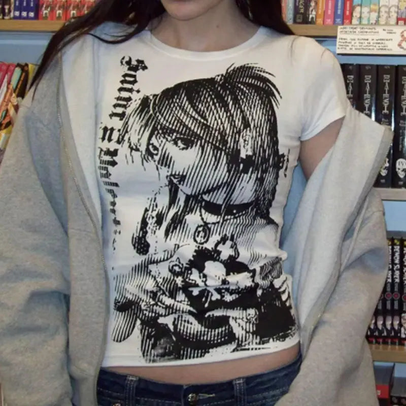 Y2k anime Streetwear O-neck 90s Text Printing Tops Women Harajuku Clothes Simple Vintage Crop Tee Aesthetic emo Casual T-shirt Quick Pick Grocers