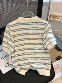 2025 Polo Neck New Womens Knitting T-Shirt Striped Short Sleeve Women T Shirt for Female Slim Tops Woman T Shirts Clothing S145 Quick Pick Grocers
