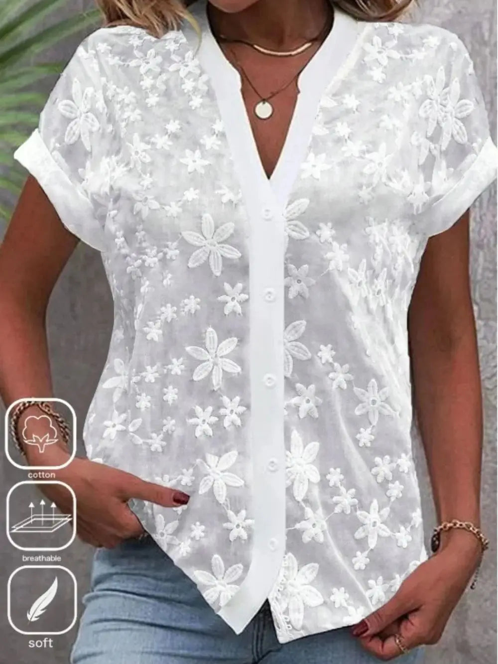 Cropped Shirt White Lace Blouse Eyelet Cut Embroidery Top Wear Hollow Out Women's Summer Clothing Quick Pick Grocers