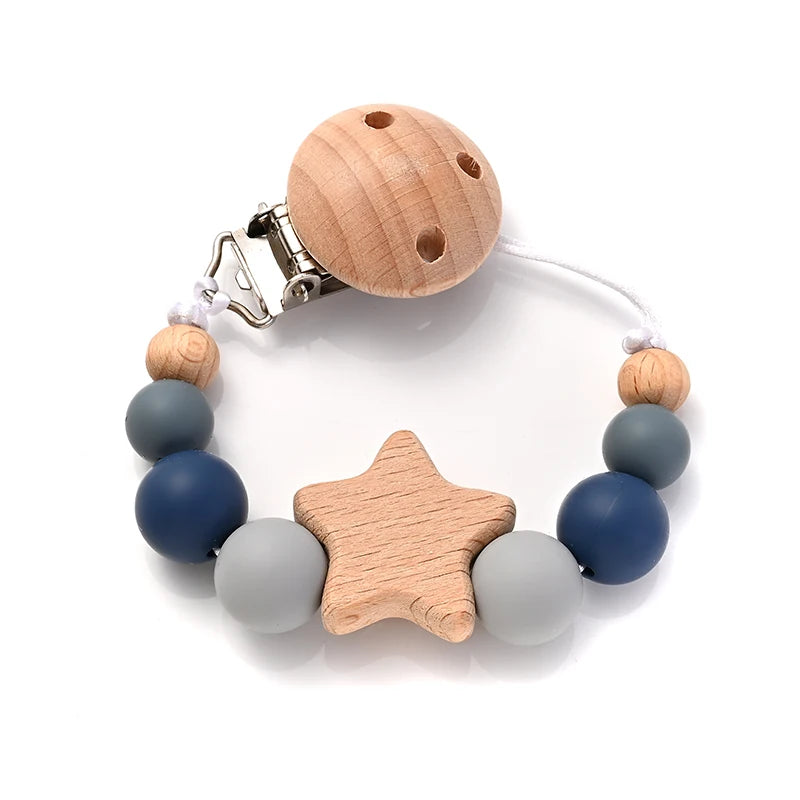 Baby Pacifier Chain Clips Wood Pentagram Teether Silicone Round Beads Teething Chain For Baby Care Soother Chew Toys Shower Gift Purest Peak