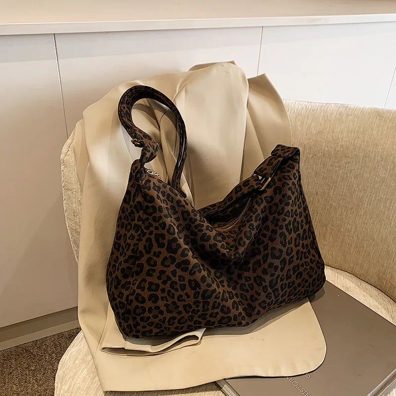 Trendy Casual Soft Textile Women's Shoulder Bag Large Capacity Leopard Print Female Retro Crossbody Bag For Commute Outings Quick Pick Grocers