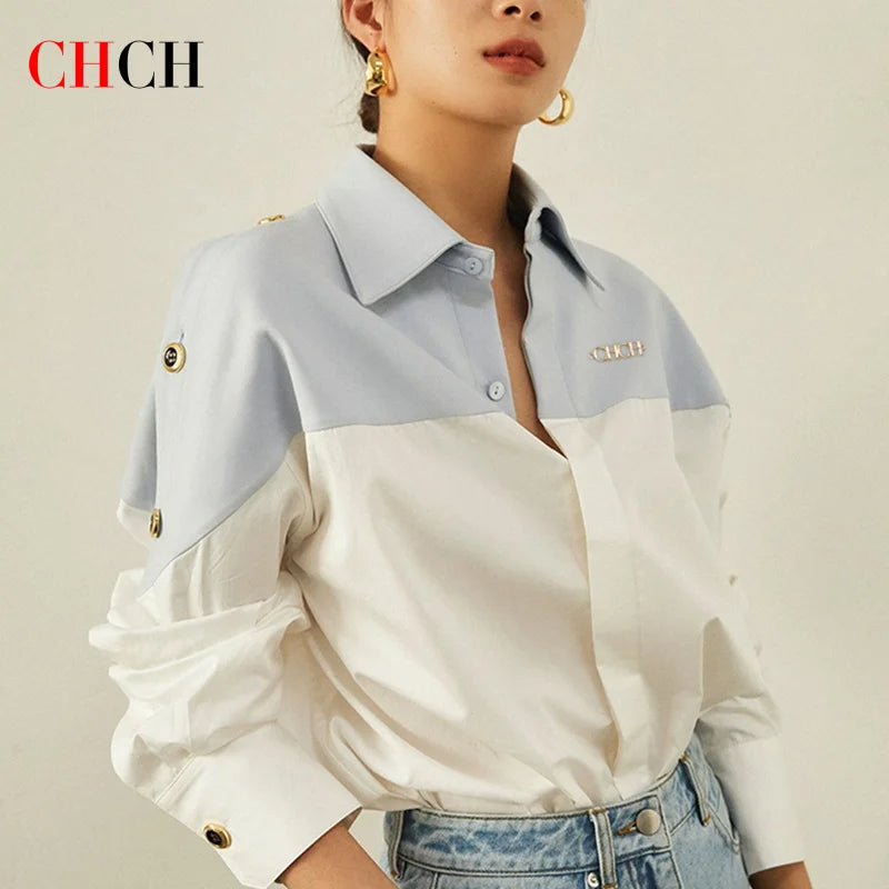 CHCH Women's Shirt 2025 New High Quality Splicing Color Contrasting Long Sleeve Business Shirt Commuter Women's Wear Quick Pick Grocers