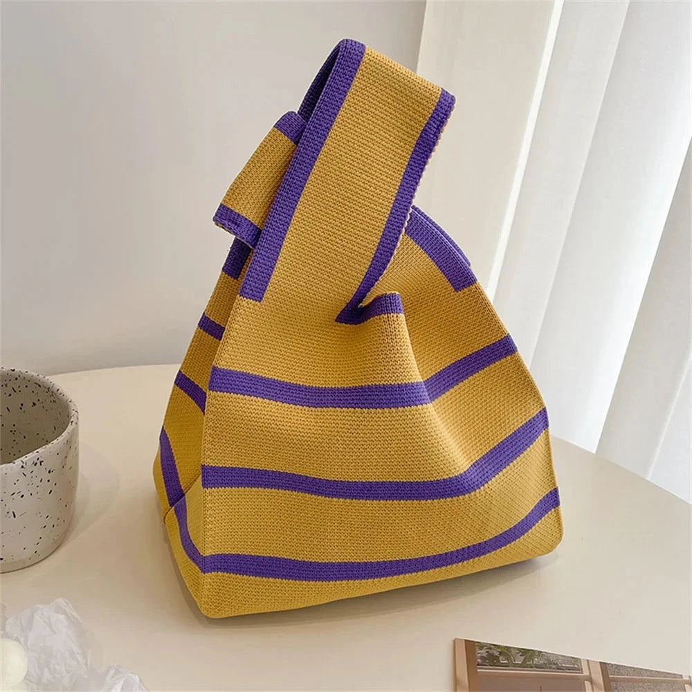 Women Handmade Knitted Small Handbag Casual Wrist Bag Wide Stripe Stripe Shopper Mini Tote Student Reusable Shoulder Bag Econic Blanks