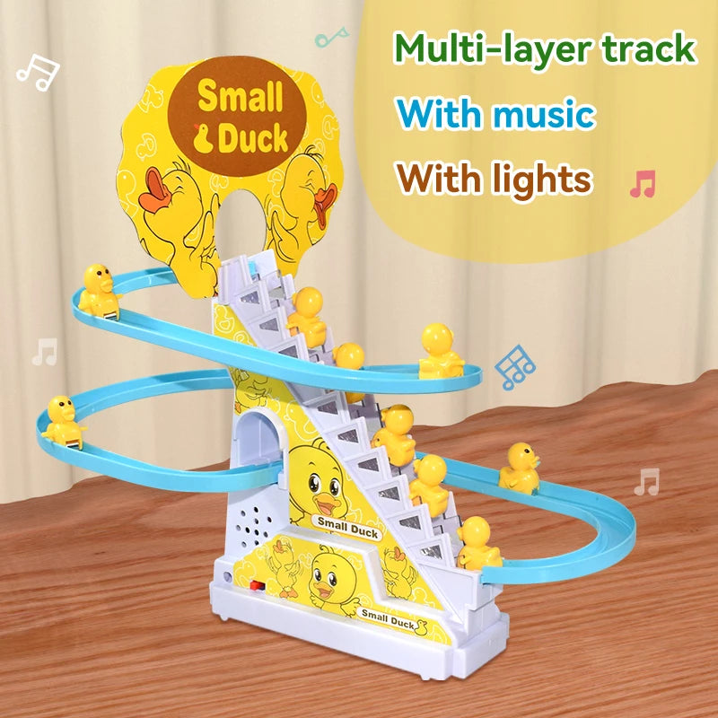 Climbing Stairs Track Toys Electric Duck DIY Rail Racing Track Roller Coaster Toys Set Light Music Educational Toy For Kids Gift Quick Pick Grocers