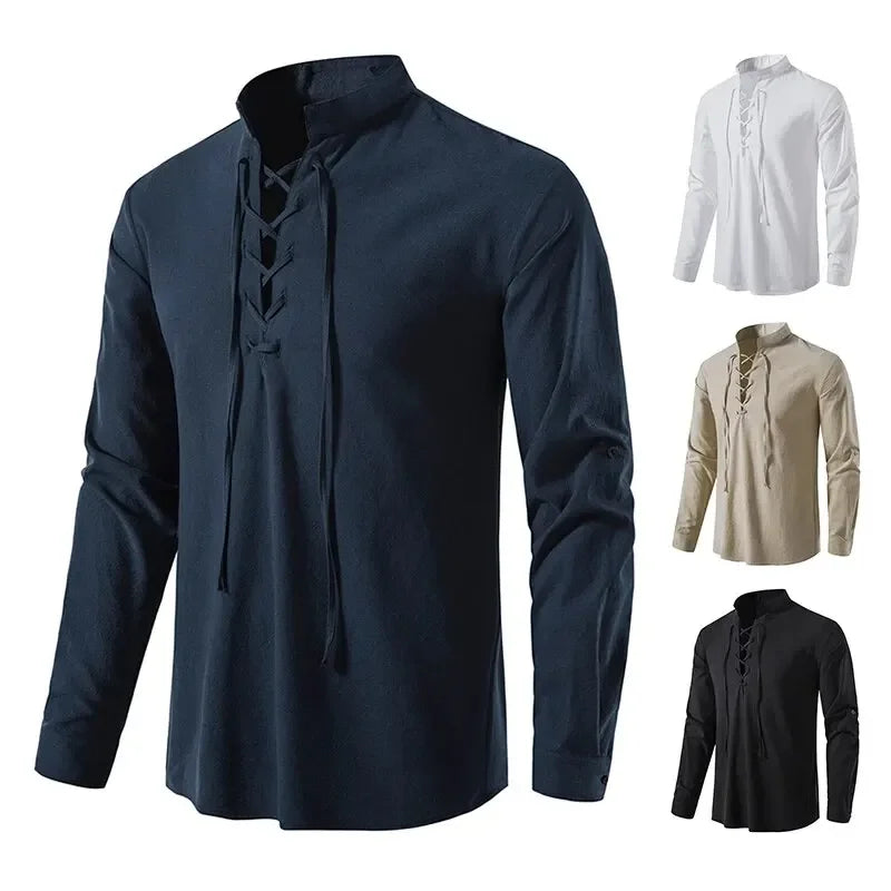 King Billion Men's Shirts Casual Men Cotton Linen Long Sleeve T-shirt Spring Autumn Vintage Shirt US Size Drawstring Neck Quick Pick Grocers