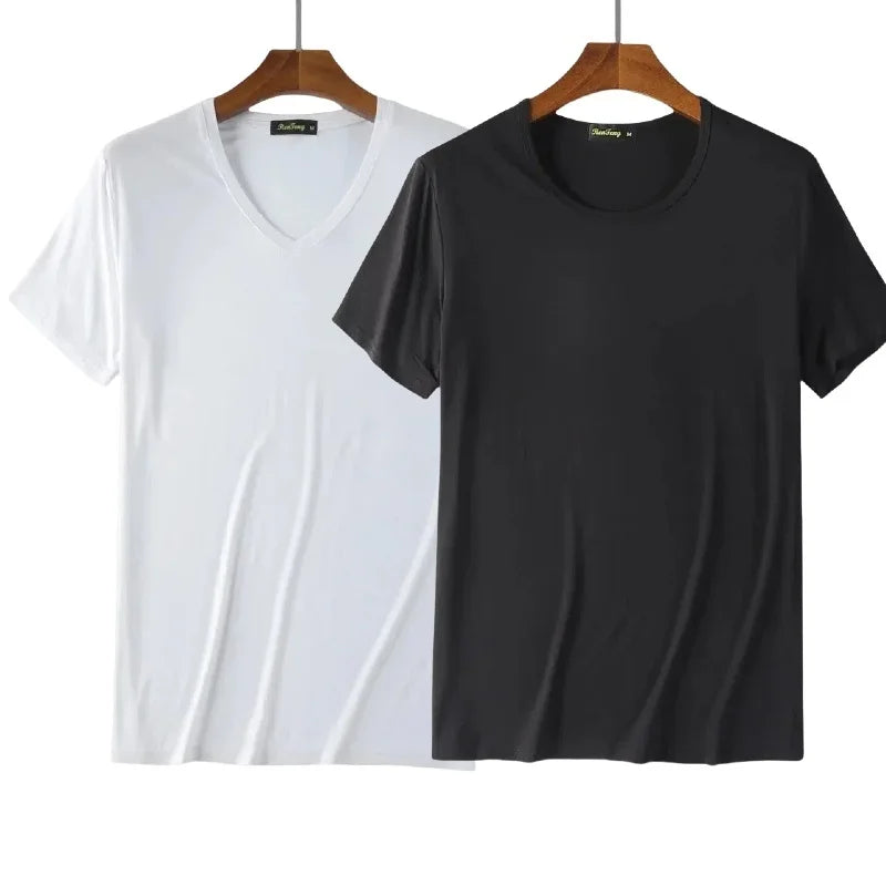 2 Packs Bamboo Fiber Round Neck T-shirts Short Sleeve Classic Tees Sweat-absorbent Gym Man Undershirt Solid Color Tee Black New Quick Pick Grocers