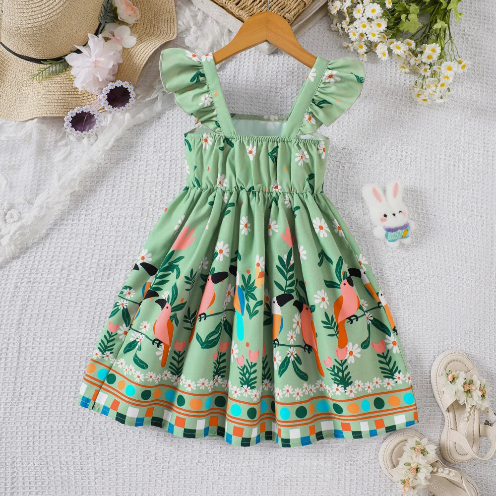 Girls' summer style small fly sleeve plant print dress Quick Pick Grocers