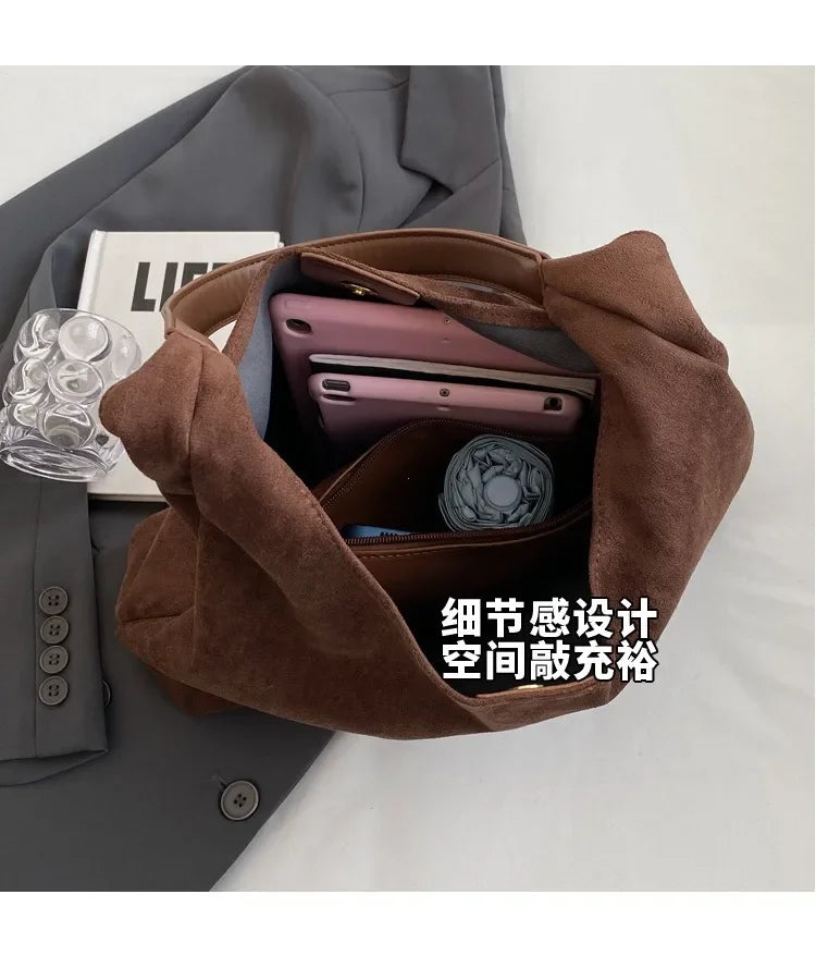 Autumn and Winter Vintage Women's Bag Large Capacity Suede Shoulder Bag Solid Color Simple Casual Commuter Bag Retro Handbags Quick Pick Grocers