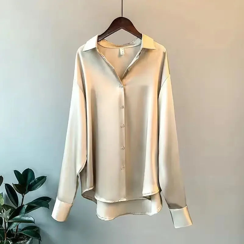 Plus Size Casual Women Silk Shirt 2025 New Fashion Loose Long Sleeve Button-Down Blouse Female Elegant Top Office Acetate Shirts Quick Pick Grocers