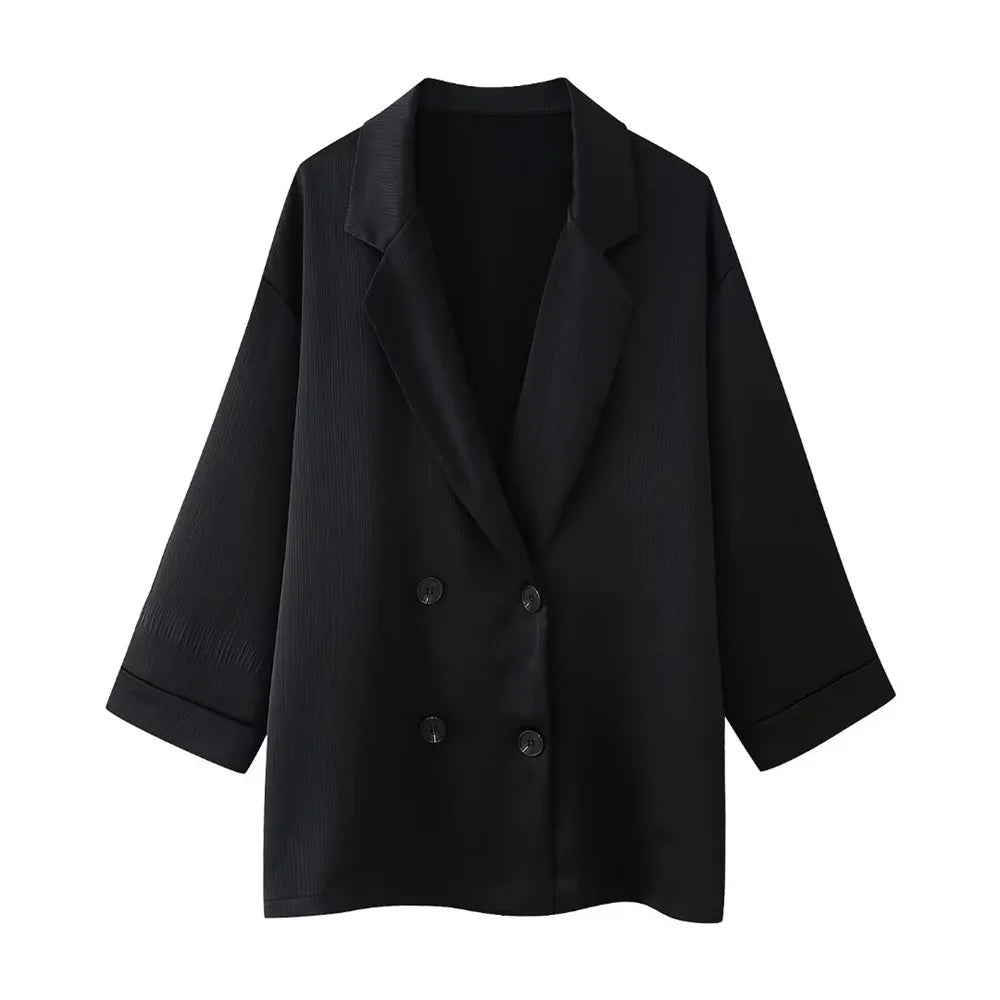 European and American Style 2024 Spring and Summer New Women's Clothing Wrinkle Effect Double Breasted Suit Jacket Pants Set Quick Pick Grocers
