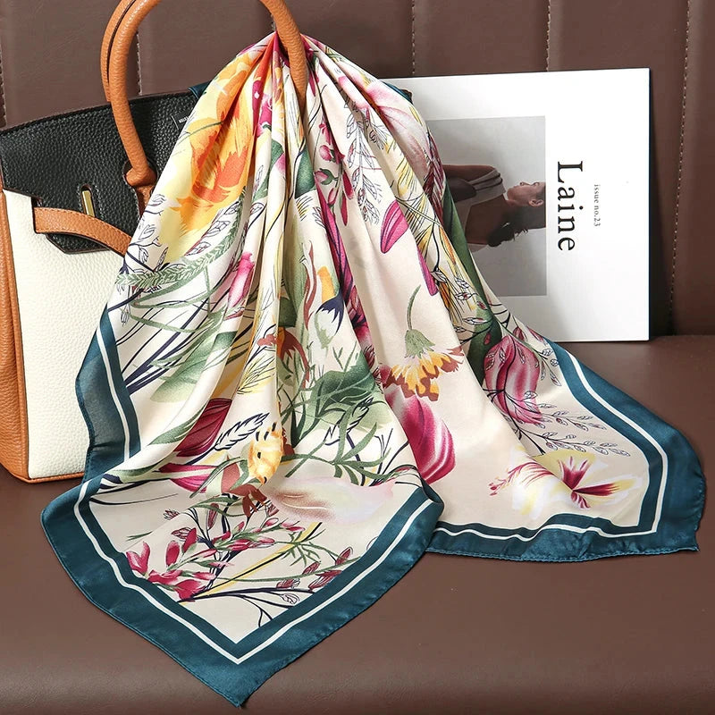 Luxury Print Satin Silk Square Scarf for Women Shawl Hijab Neckerchief Female Hair Ribbon Headband Fashion Wrap Bandana 2023 New Econic Blanks
