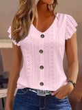 2025 Spring/Summer new women's fashion stylish commute casual solid color multi-color ruffle sleeve V-neck T-shirt Quick Pick Grocers