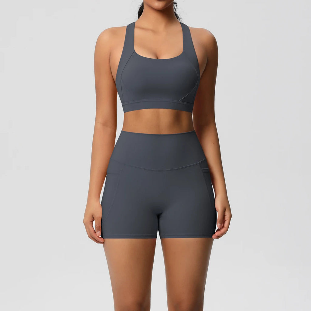 2PCS Sportswear With Pocketed Yoga Set Gym Clothes Yoga Suits For Women Tracksuits Sports Shorts Crossover Bra Gym Leggings Quick Pick Grocers