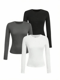 Women's solid-color long-sleeved T-shirt - Polyester knitted fabric, round neck, regular fit, fall-winter style Quick Pick Grocers