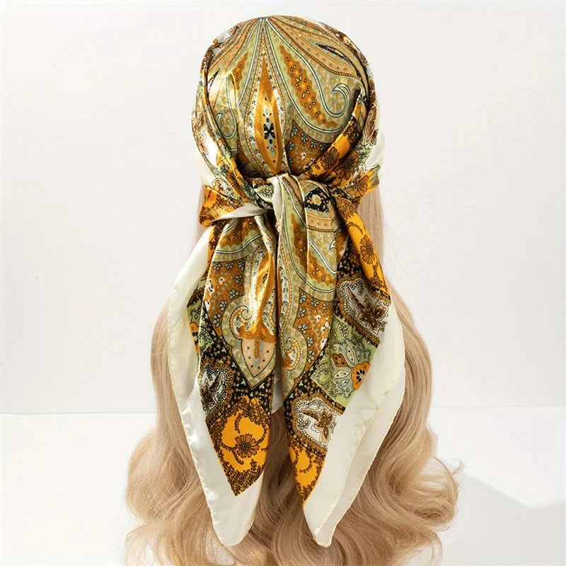 Satin Square Scarf Women Muslim Hijab Elegant 2025 Print Silk Neckerchief Shawl Wraps Headband Handle Hair Accessories Bandana Econic Blanks