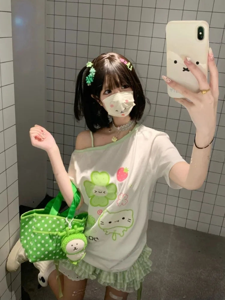 Ezgaga Harajuku T Shirts Women Cartoon Sweet Diagonal Collar Short Sleeve Off Shoulder Funny Tops Female Y2k Ladies Tshirts Quick Pick Grocers