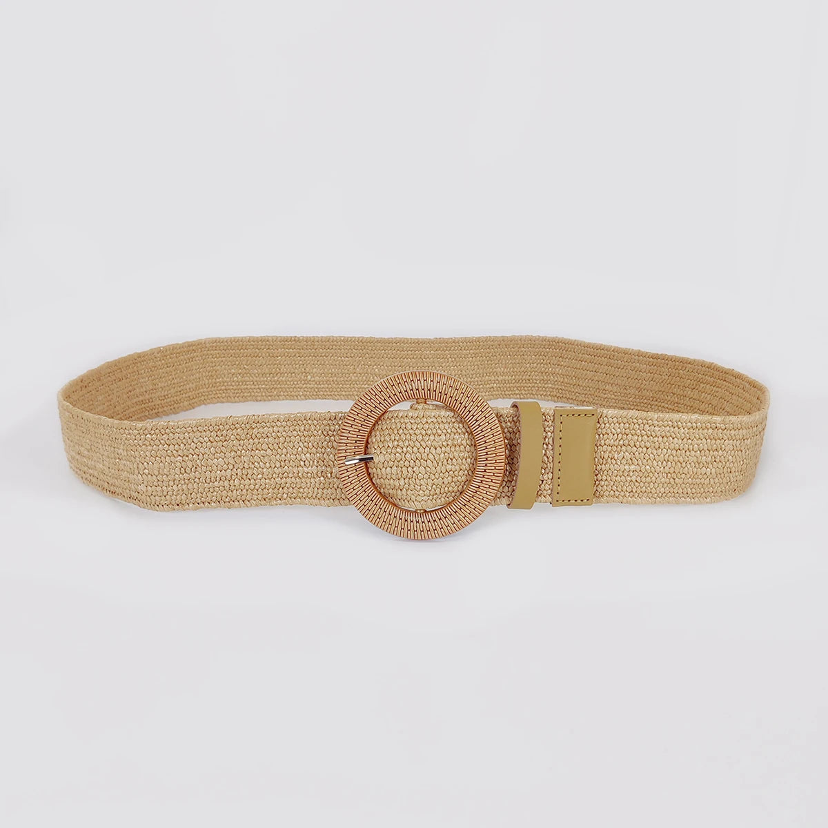 1pc Women Round Buckle Boho Straw Belt For Beach Ellipse Buckle Bead Decor Bohemian Woven Belt For Holiday Quick Pick Grocers