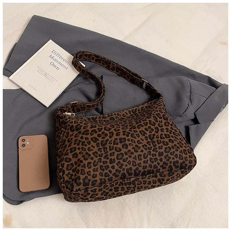 Trendy Casual Soft Textile Women's Shoulder Bag Large Capacity Leopard Print Female Retro Crossbody Bag For Commute Outings Quick Pick Grocers