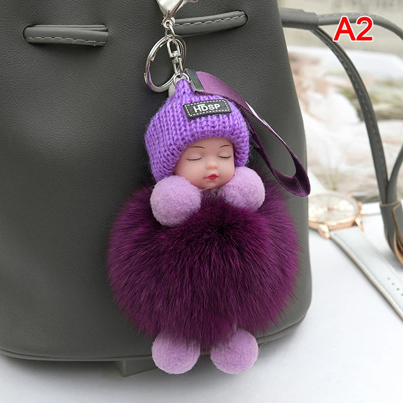 Pompom Sleeping Baby Keychain Cute Fluffy Plush Doll Keyholder Women Girl Bags Keyrings Cars Key Ring Gift Charming Decoration Quick Pick Grocers