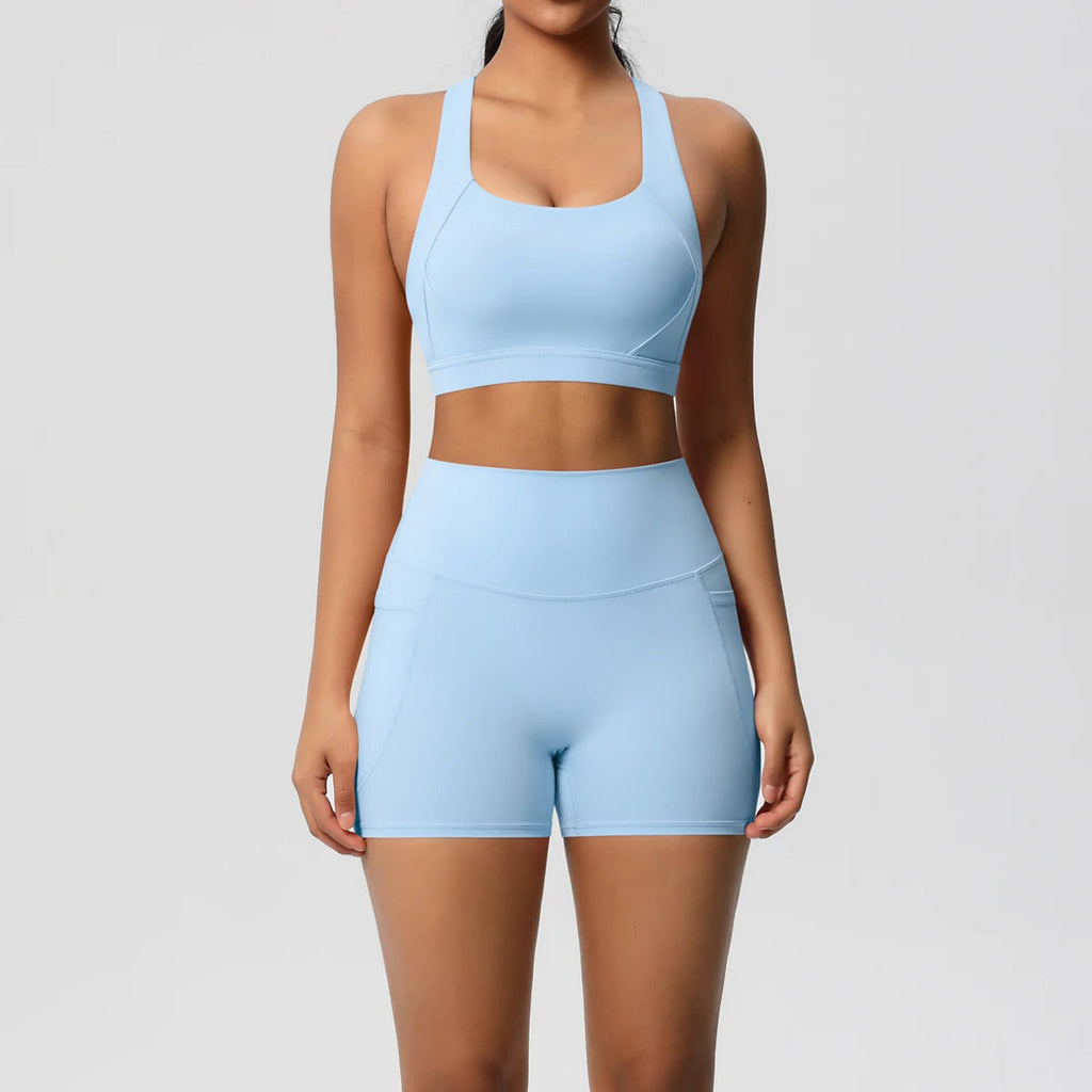2PCS Sportswear With Pocketed Yoga Set Gym Clothes Yoga Suits For Women Tracksuits Sports Shorts Crossover Bra Gym Leggings Quick Pick Grocers
