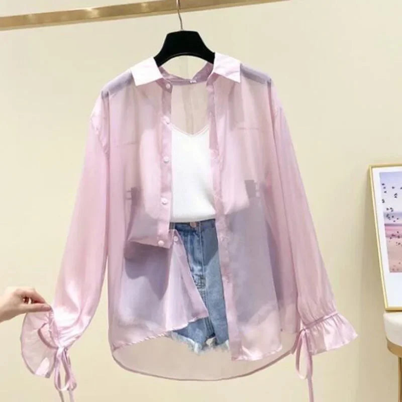 Smvp Chiffon Blouses for Women Summer Thin Loose Button-Up Sunscreen Shirt Woman Korean Fashion Bow Lace-up Long Sleeve Shirts Quick Pick Grocers