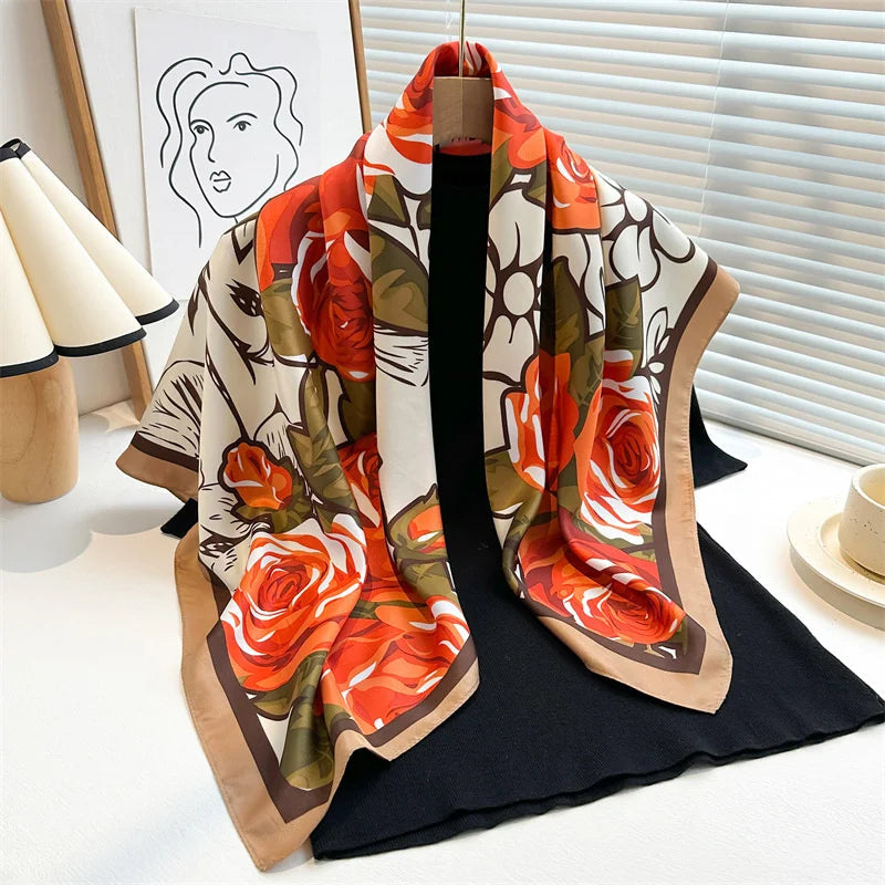 90*90Cm Square Scarf Twill Silk Feeling Women Head Shawls and Wraps Luxury Hair Tree Print Neck Scarves Hijab Bandana Pashmina Quick Pick Grocers