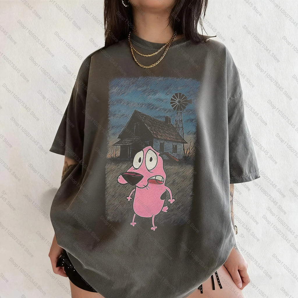 Vintage Courage The Cowardly Dog Cartoon Print Short Sleeve T-Shirt Retro Unisex Graphic Tee 90s Nostalgia Summer Streetwear Tee Quick Pick Grocers
