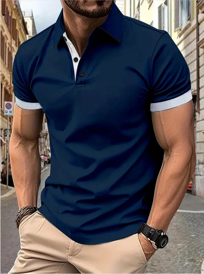 Men's short sleeve color matching fashion with men's lapel short sleeve Quick Pick Grocers