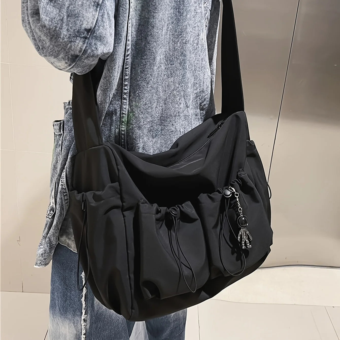 Fashionable Crossbody Bag with Drawstring Accent - Spacious & Secure Zipper Closure - Includes Stylish Bag Charm Quick Pick Grocers