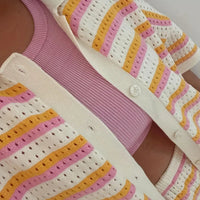 2025 Summer Women'S Hollow Striped Knitted 2 Pieces Set Short Sleeve Flip Collar Cardigan Single Breasted Casual Shorts Suits Quick Pick Grocers