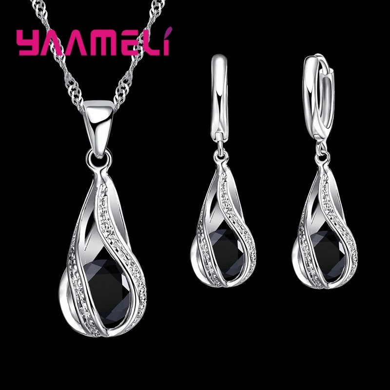 Hot Water Drop CZ 925 Sterling Silver Plated Jewelry Set For Women Pendant Necklace Hoop Earrings Wedding Party Ceremoey Anel Quick Pick Grocers