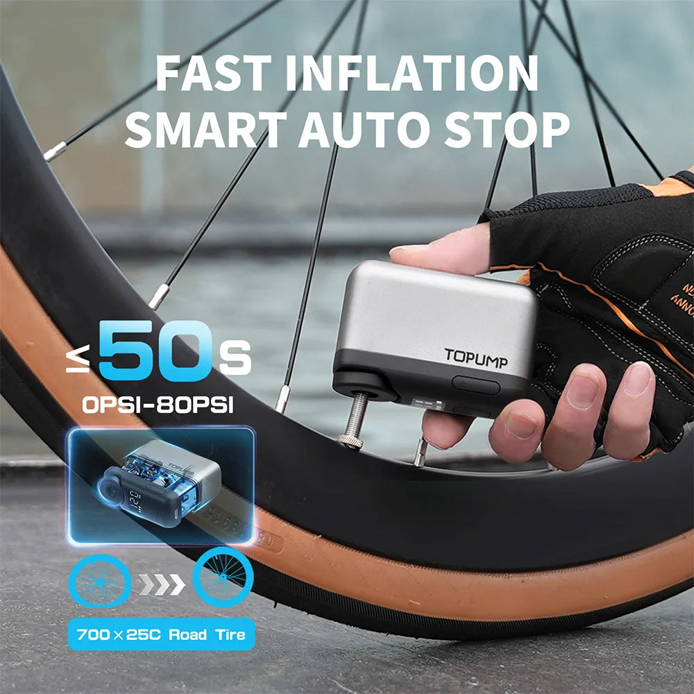 TOPUMP TB2 PRO Mini Portable Electric Pump for Bike Cordless Tire Inflator 120PSI Max 450mAh Battery with Screen Fast Charging Quick Pick Grocers