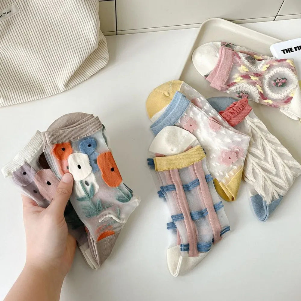 Fashion Socks For Women Summer Breathable Trendy Casual Socks Cute Fashion Korean Style Transparent Lace Sweet Socks Quick Pick Grocers