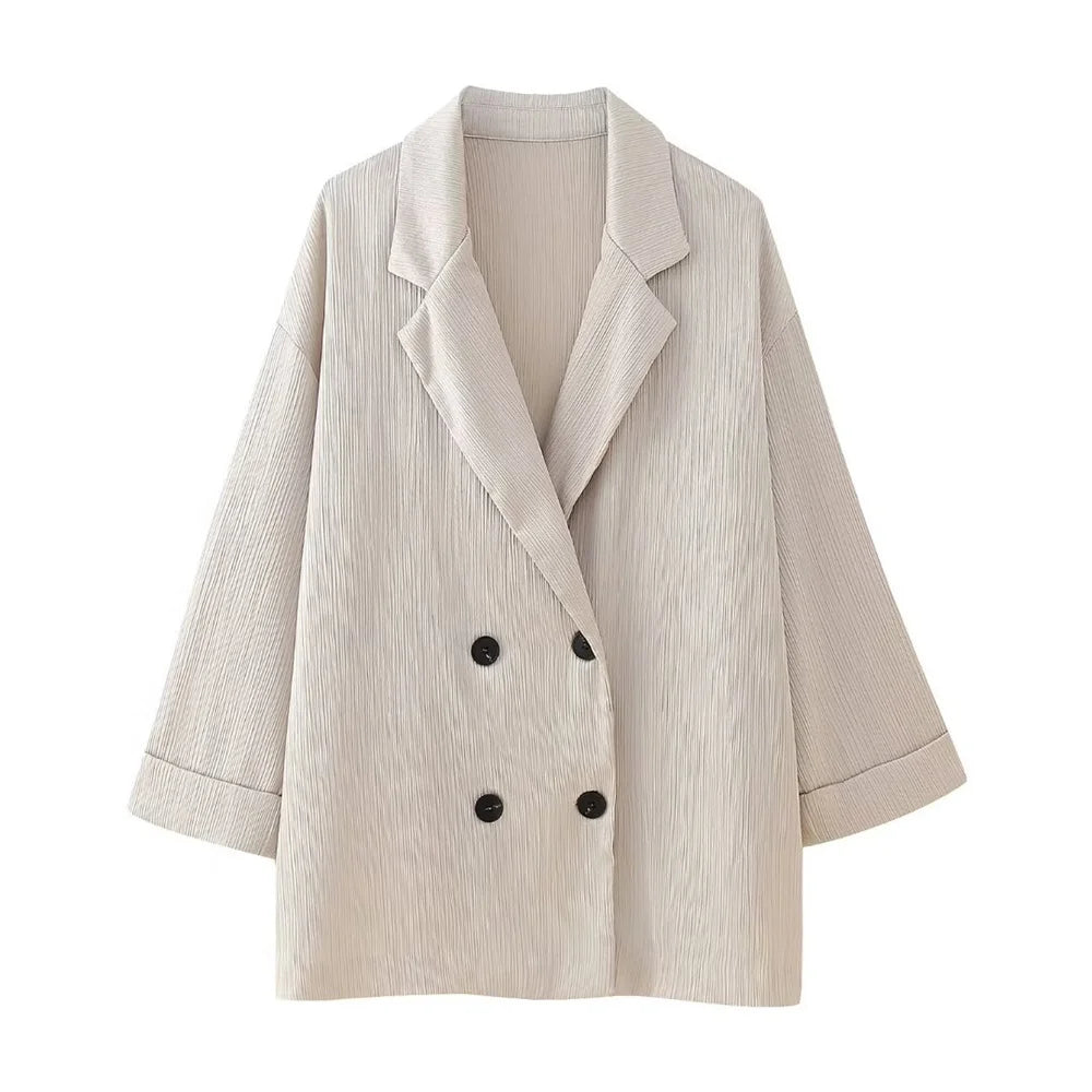 European and American Style 2024 Spring and Summer New Women's Clothing Wrinkle Effect Double Breasted Suit Jacket Pants Set Quick Pick Grocers