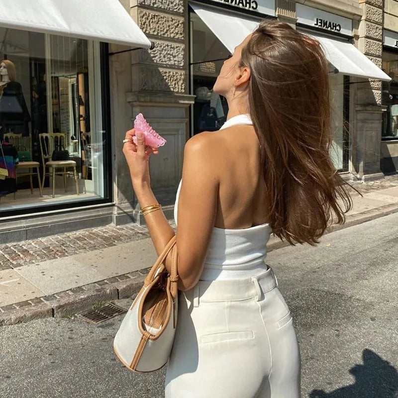 Women's Ribbed Halter Neck Crop Tank Top Sleeveless U-Neck Backless Slim Fit Solid White Knit Cami Summer Casual Basic Y2K Quick Pick Grocers