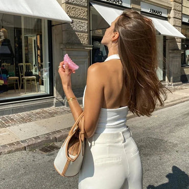Women's Ribbed Halter Neck Crop Tank Top Sleeveless U-Neck Backless Slim Fit Solid White Knit Cami Summer Casual Basic Y2K Quick Pick Grocers