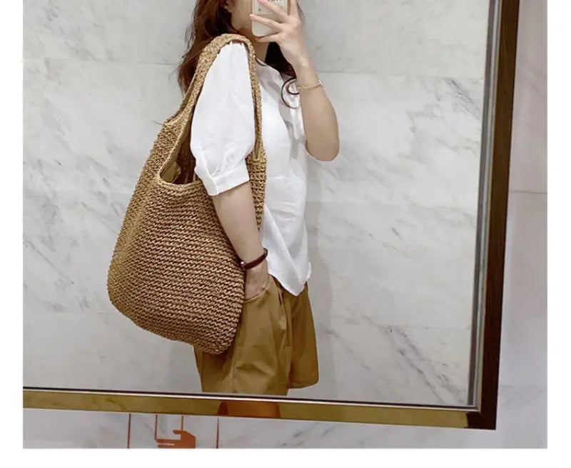 French Style Large Capacity Woven Straw Woven Bag for Women New Beach Vacation Shoulder Bag Casual Commuting Tote Bag Purse Quick Pick Grocers