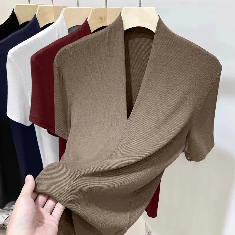 Threaded New Short Sleeved Top for Women Summer Fashion Versatile Base Shirt Plus Size Slim Fit V-neck T-shirt Casual and Sexy Quick Pick Grocers