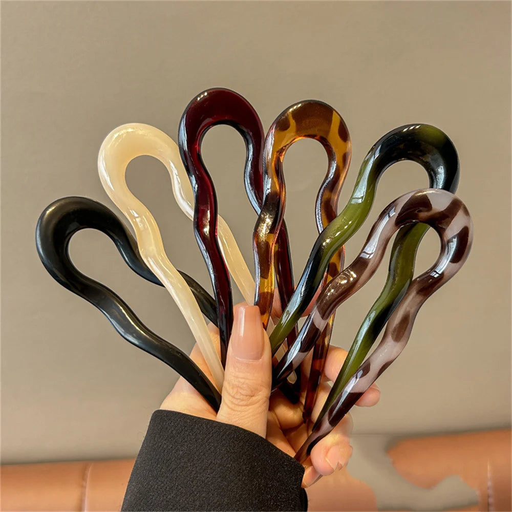 U-Shaped Hair Fork Fashion Tortoiseshell Acetate Acrylic Hairpin Geometric Headwear Hair Sticks Women Girls Hair Accessories Quick Pick Grocers