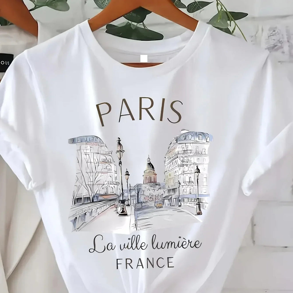 90s T Shirt Paris Women Print T-shirt Girl Short Sleeve Crew Neck Casual Top for Summer Spring Women's Clothing Quick Pick Grocers
