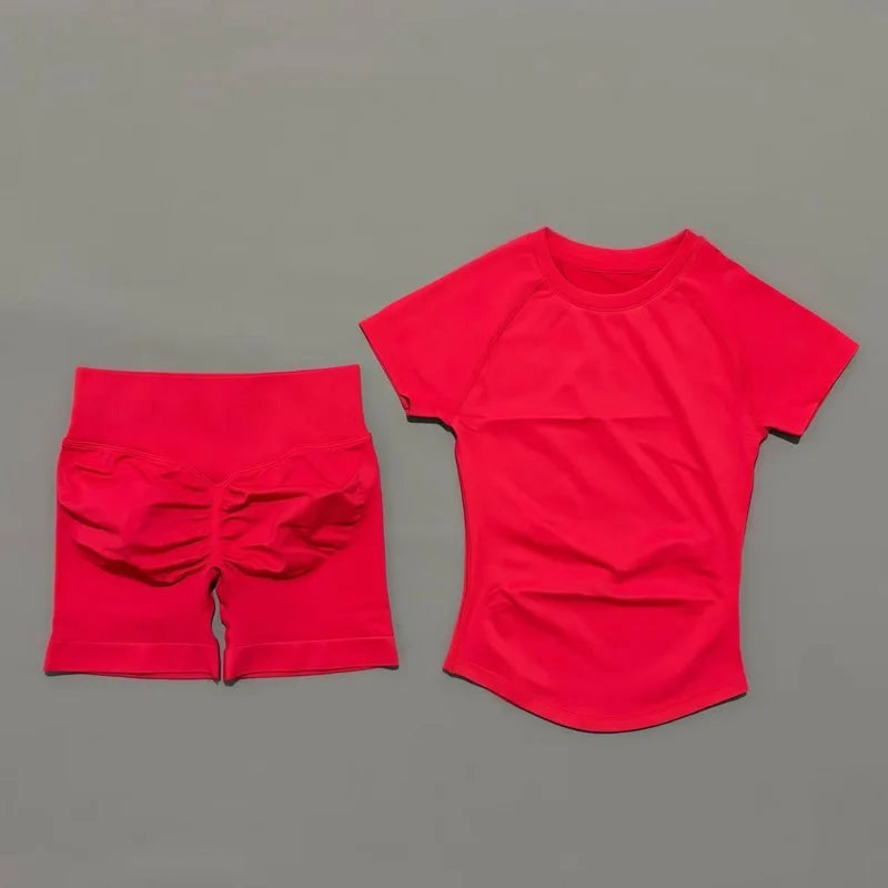 2 Pcs HISTELLO Sports Gym Sets Short Sleeve Seamless Yoga Clothing Fitness Set Women Workout Running Sports Short Leggings Suit Quick Pick Grocers