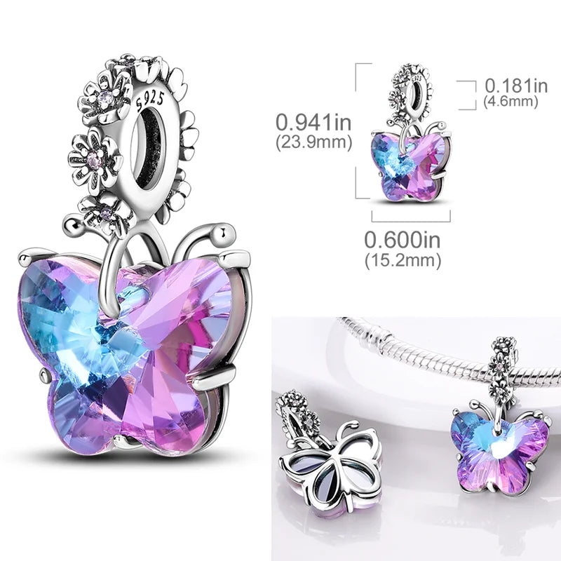 2025 Hot Sale Charms Bead 925 Sterling Silver Pink Butterfly Luminous Firefly Dangle Fit Bangle Bracelet Necklace DIY Jewelry Econic Blanks
