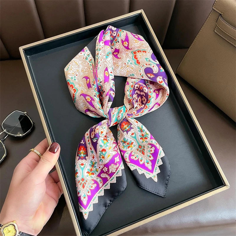 Bohemian Style Print Luxury Brand Silk Square Scarf Women Satin Shawls Neckerchief Wrap Scarves Bandana Hair Hjiab Floral Quick Pick Grocers