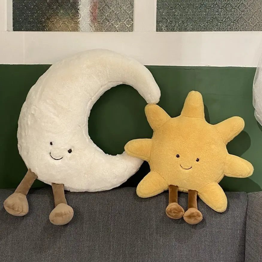 Adorable Smile Face White Moon Yellow Sun Plushie Stuffed Cute Cartoon Weather Plush Toy for Kid Bedroom Decor Sofa Throw Pillow Econic Blanks