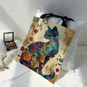 Floral Cat Pattern Tote Bag, Aesthetic Canvas School Shoulder Bag, Lightweight Grocery Shopping Bag Quick Pick Grocers