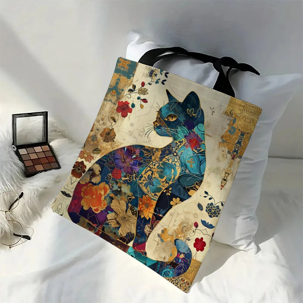 Floral Cat Pattern Tote Bag, Aesthetic Canvas School Shoulder Bag, Lightweight Grocery Shopping Bag Quick Pick Grocers