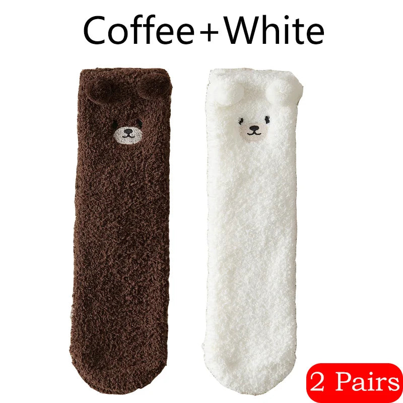 2 Pairs Cute Socks Bear Women Coral Velvet Thick Plush Warm Socks Sleep Fluffy Socks Cute Cartoon Lovely Floor Fuzzy Sock Winter Purest Peak