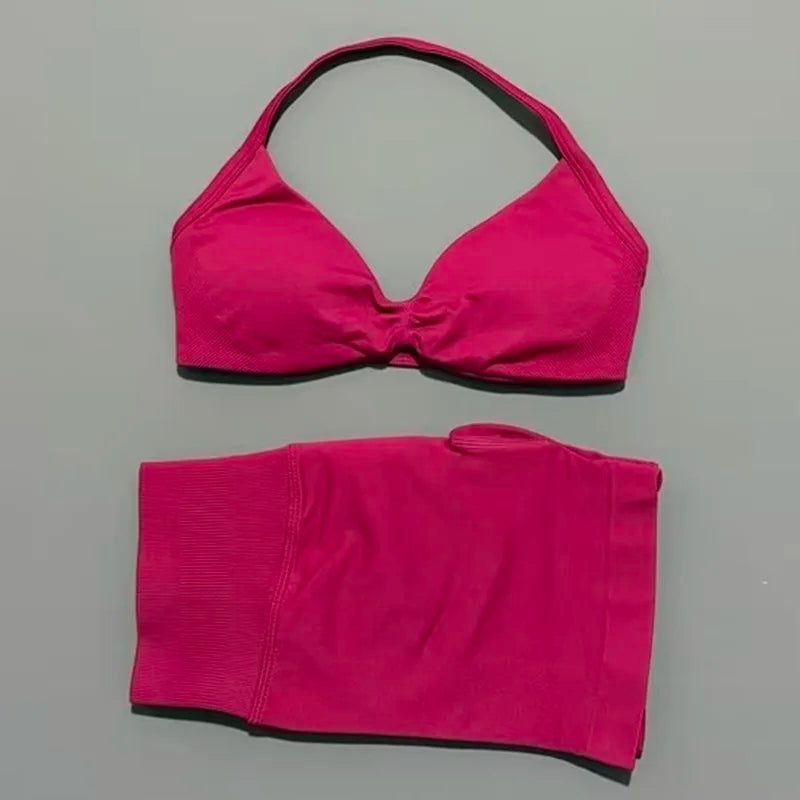 HISTELLO Gym Set 2 Piece Women Strappy Yoga Bra Top Workout Scrunch Shorts Sports Suit Fitness Clothes Seamless Yoga Set Quick Pick Grocers
