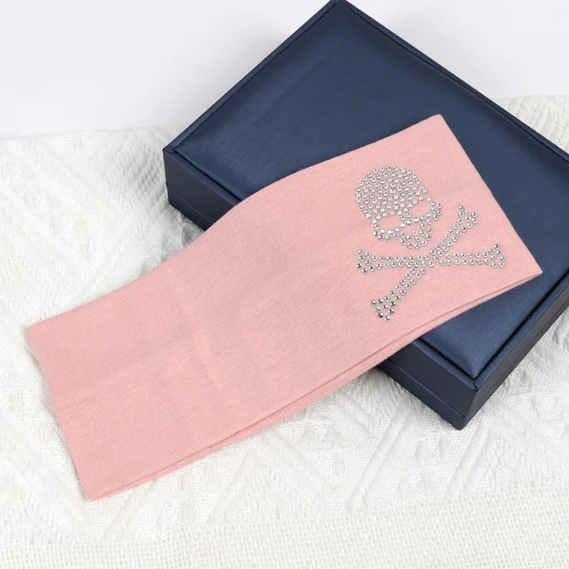 SKull Design Retro Street Punk Style Rhinestone Hair Strap Hot Girls Elastic Wide Edge Hairband Sports Anti Sweating Headband Quick Pick Grocers